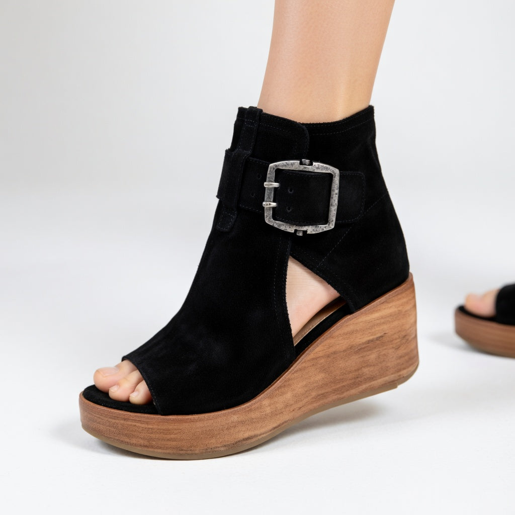 Modern Open-Toe Wedge Ankle Boots with Statement Buckles — Black / 3.5