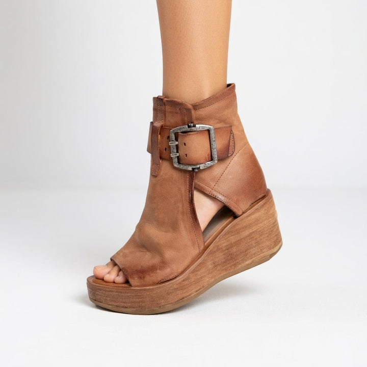 Modern Open-Toe Wedge Ankle Boots with Statement Buckles — Brown / 3.5