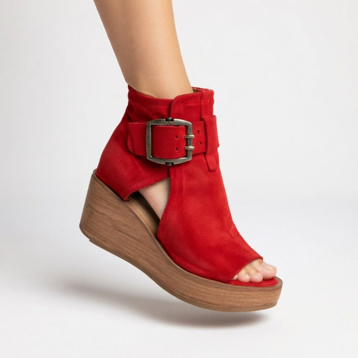 Modern Open-Toe Wedge Ankle Boots with Statement Buckles — Red / 3.5