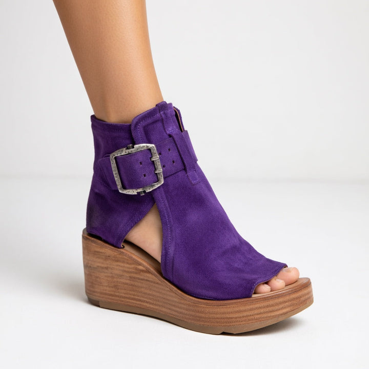 Modern Open-Toe Wedge Ankle Boots with Statement Buckles — Purple / 3.5